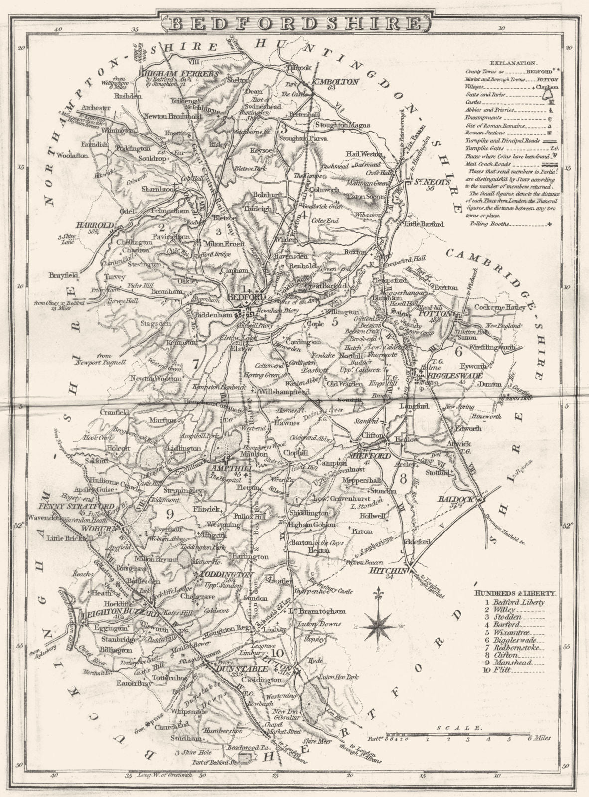 BEDFORDSHIRE. County map. Polling places. Coach roads. DUGDALE 1845 old